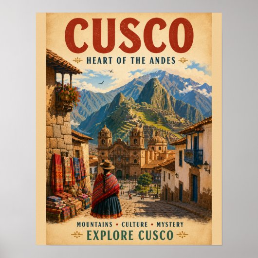 Oude reisposter van Cusco Peru met Andesgebergte Poster (Voorkant)