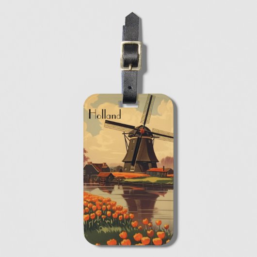 Oude reisposter van Holland, tulpen en molens Bagagelabel (Voorkant (verticaal))