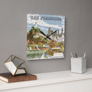 Oude reisposter van San Francisco Bay Ferryboot Vierkante Klok