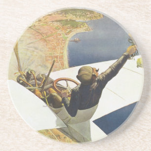 Oude Reisposter, Vliegtuig boven Nice Frankrijk Zandsteen Onderzetter