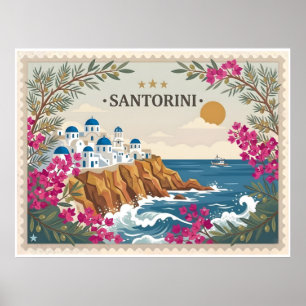 Oude Reisprentkaart Santorini Griekenland Poster