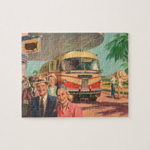 Oude reizigers op vakantie bij het busstation legpuzzel