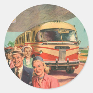 Oude reizigers op vakantie bij het busstation ronde sticker