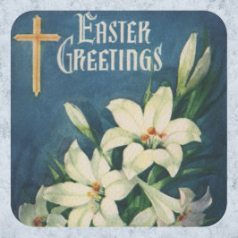 Oude religieuze paasgroeten, leliebloemen vierkante sticker