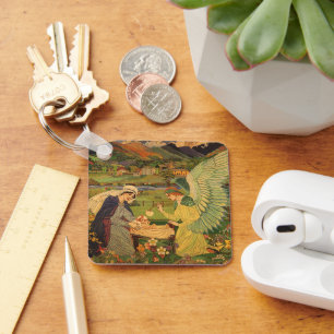 Oude religieuze wandtapijt met baby Jezus Christus Sleutelhanger