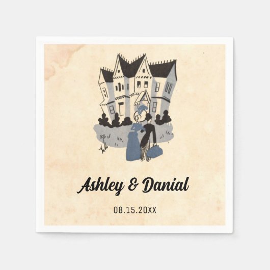 Oude Retro Bruid Bruidegom Oude Strips Rustic Huwe Servet (Voorkant)