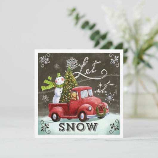 Oude Retro Sneeuwman en Hond in Vrachtwagen Feestdagenkaart (Staand voorkant)