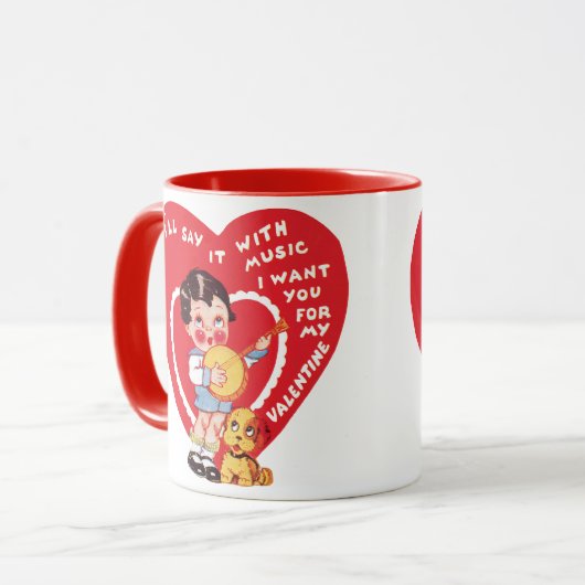 Oude Retro Valentijnsdag, Jongen Muziek Banjo Mok (Voorkant links)