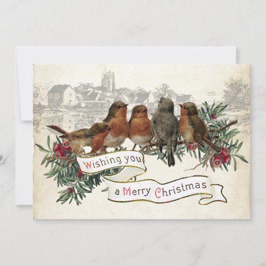 Oude Robin Prettig Kerstmis Dorp Evergreen Feestdagenkaart (Voorkant)