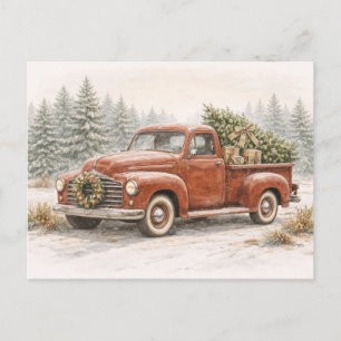 Oude rode aquarel Kersttruck met boom Feestdagenkaart