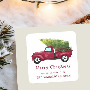 Oude rode aquarel Kersttruck Vierkante Sticker