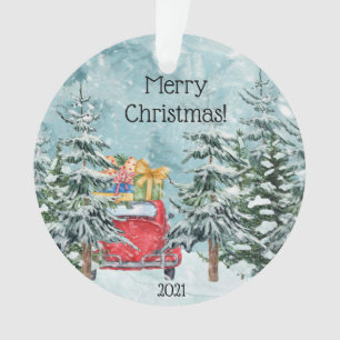 Oude rode auto en schuur houtlandschap ornament