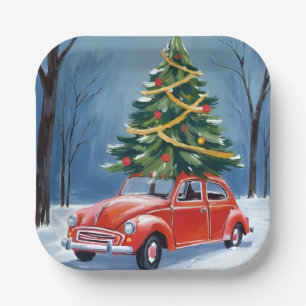 Oude Rode Auto Kerstboom Vakantie Papieren Bordje