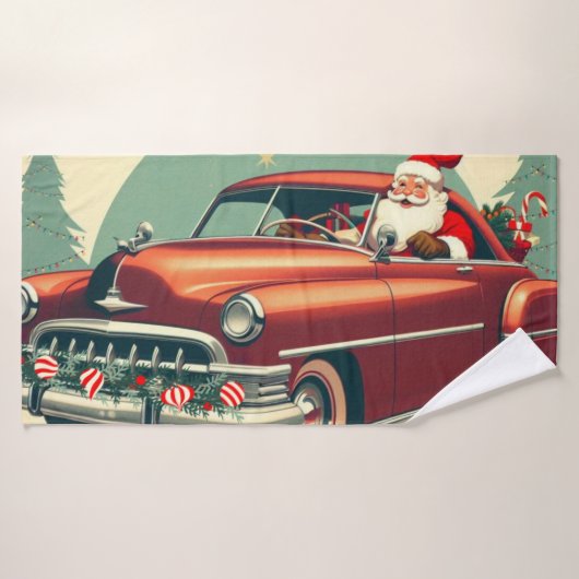 Oude rode auto & Kerstman Badhanddoek (Badhanddoek)
