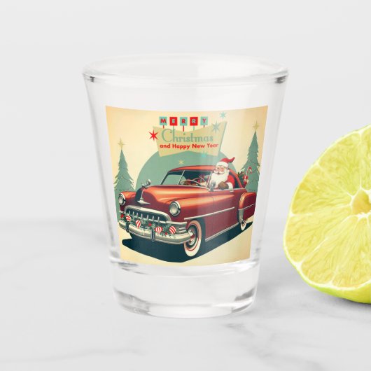 Oude rode auto & Kerstman Shot Glas (Voorkant)