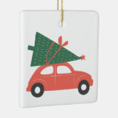 Oude rode auto met kerstboom en eigen naam keramisch ornament (Rechts)