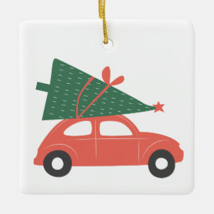 Oude rode auto met kerstboom en eigen naam keramisch ornament
