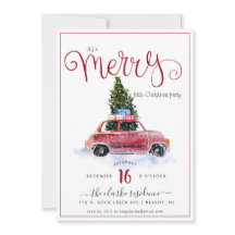 Oude rode auto met kerstboom uitnodiging
