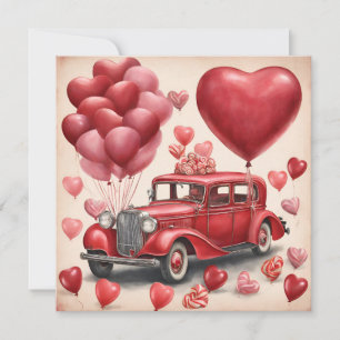 Oude rode auto met Valentijnsdagballonnen  Feestdagenkaart