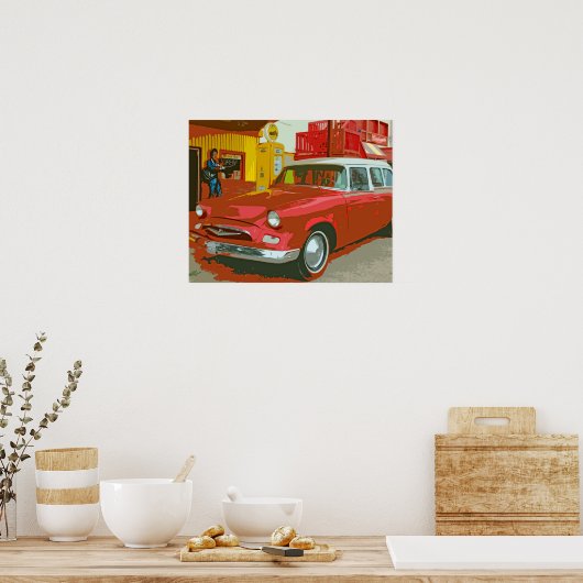 Oude rode auto op het Poster van het oude services (Keuken)
