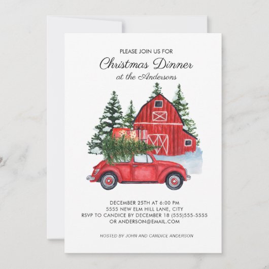 Oude rode auto schuur Kerstboom diner Kaart (Voorkant)