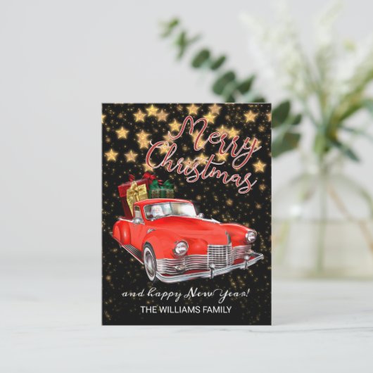 oude rode auto vrolijk kerstfeest briefkaart (Staand voorkant)