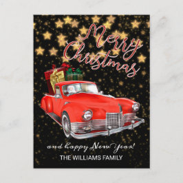 oude rode auto vrolijk kerstfeest briefkaart