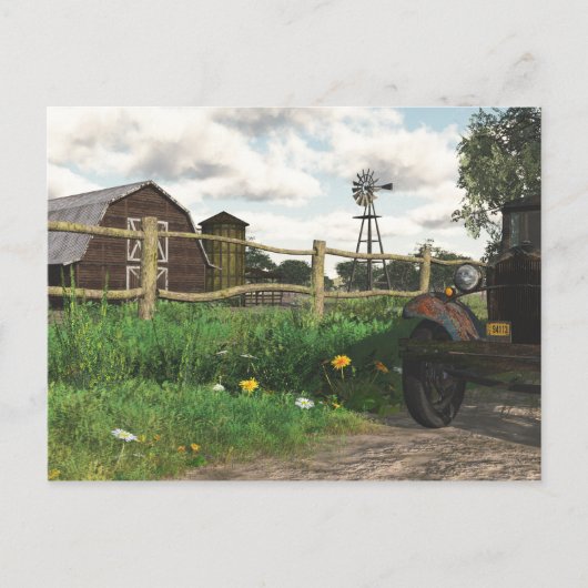 Oude Rode Barn en Rusty Truck Briefkaart (Voorkant)