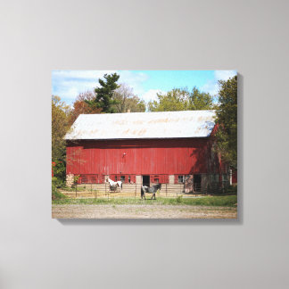 Oude Rode Barn met Paarden Kleur 16x20 Canvas Afdruk