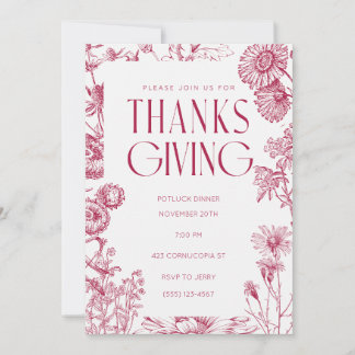 Oude Rode Bloemen | Thanksgiving | Herfst Uitnodig Kaart