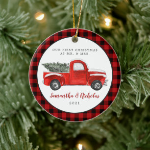 Oude rode boerderijwagen Eerste kerst Mis & Mijn Keramisch Ornament