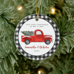 Oude rode boerderijwagen Eerste kerst Mr & Mrs Keramisch Ornament