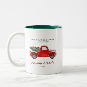 Oude rode boerderijwagen Eerste kerst Mr & Mrs Tweekleurige Koffiemok