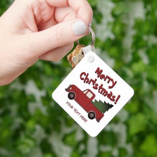 Oude rode Chevy vrachtwagen en kerstboom op maat Sleutelhanger (Hand)