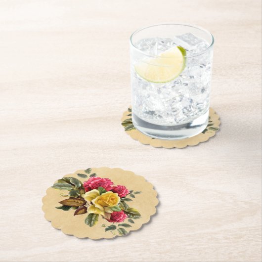 Oude rode en gele rozen bloemig kartonnen onderzetters (Insitu)