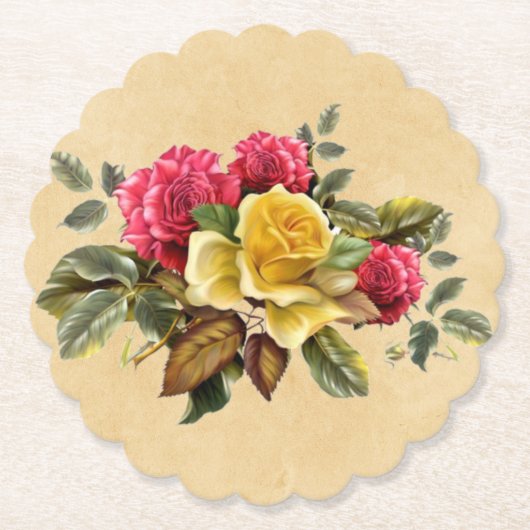 Oude rode en gele rozen bloemstuk kartonnen onderzetters (Voorkant)