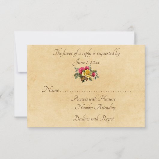 Oude rode en gele rozen bloemstuk RSVP kaartje (Voorkant)