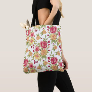Oude rode en gele rozen en roosknop patroon tote bag