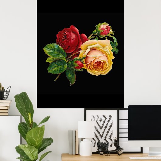 Oude rode gele roos tegen zwart - accessoire poster (Thuiskantoor)