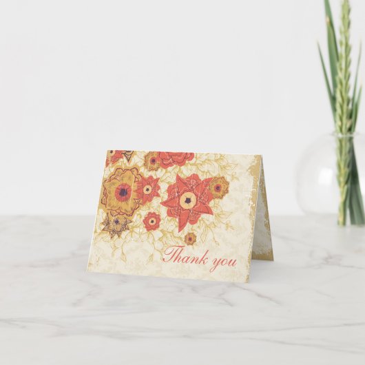 Oude rode gouden klaproos bloemen trouw huwelijks  bedankkaart (Voorkant)