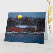 Oude rode houten boothuis en maan wenskaart kaart (Gele Bloem)