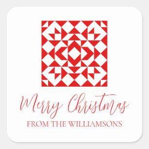 Oude rode kerst geometrische quilt gepersonaliseer vierkante sticker