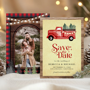 Oude rode Kerstmis vrachtwagen trouwfoto Save The Date