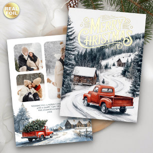 Oude rode kersttruck 3 foto collage goud folie feestdagenkaart