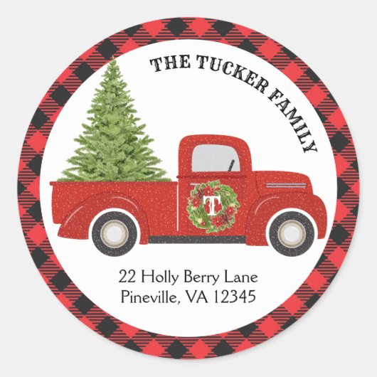 Oude Rode Kersttruck Buffalo Plaid Adres Ronde Sticker (Voorkant)