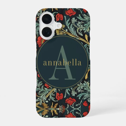 Oude rode klaproos bloem William Morris monogram iPhone 16 Hoesje (Achterkant)