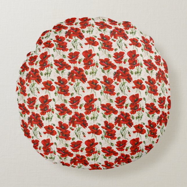 Oude Rode Klaproos Bloempatroon Botanische Kunst Rond Kussen (Voorkant)