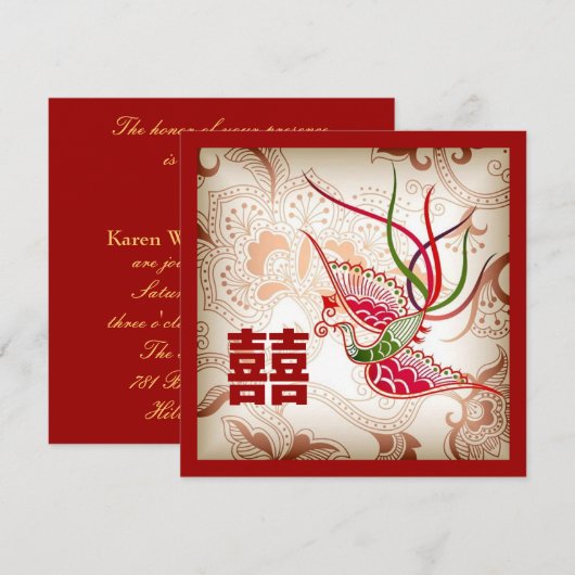 Oude Rode Phoenix Chinese Trouwuitnodiging Kaart (Voorkant / Achterkant)