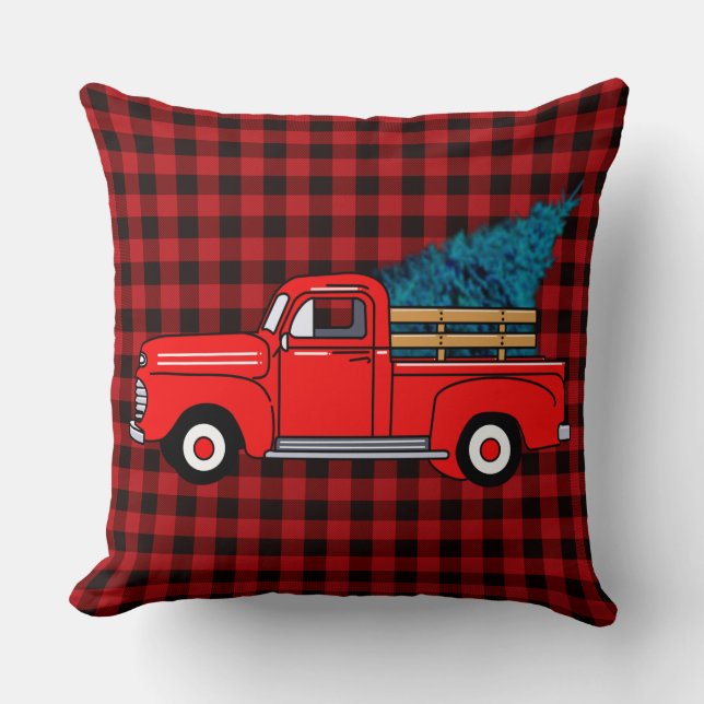 Oude rode pick-uptruck, buffelplaid, vakantie kussen (Voorkant)