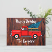 Oude rode pick-uptruck, roestig houtpatroon    feestdagenkaart (Staand voorkant)